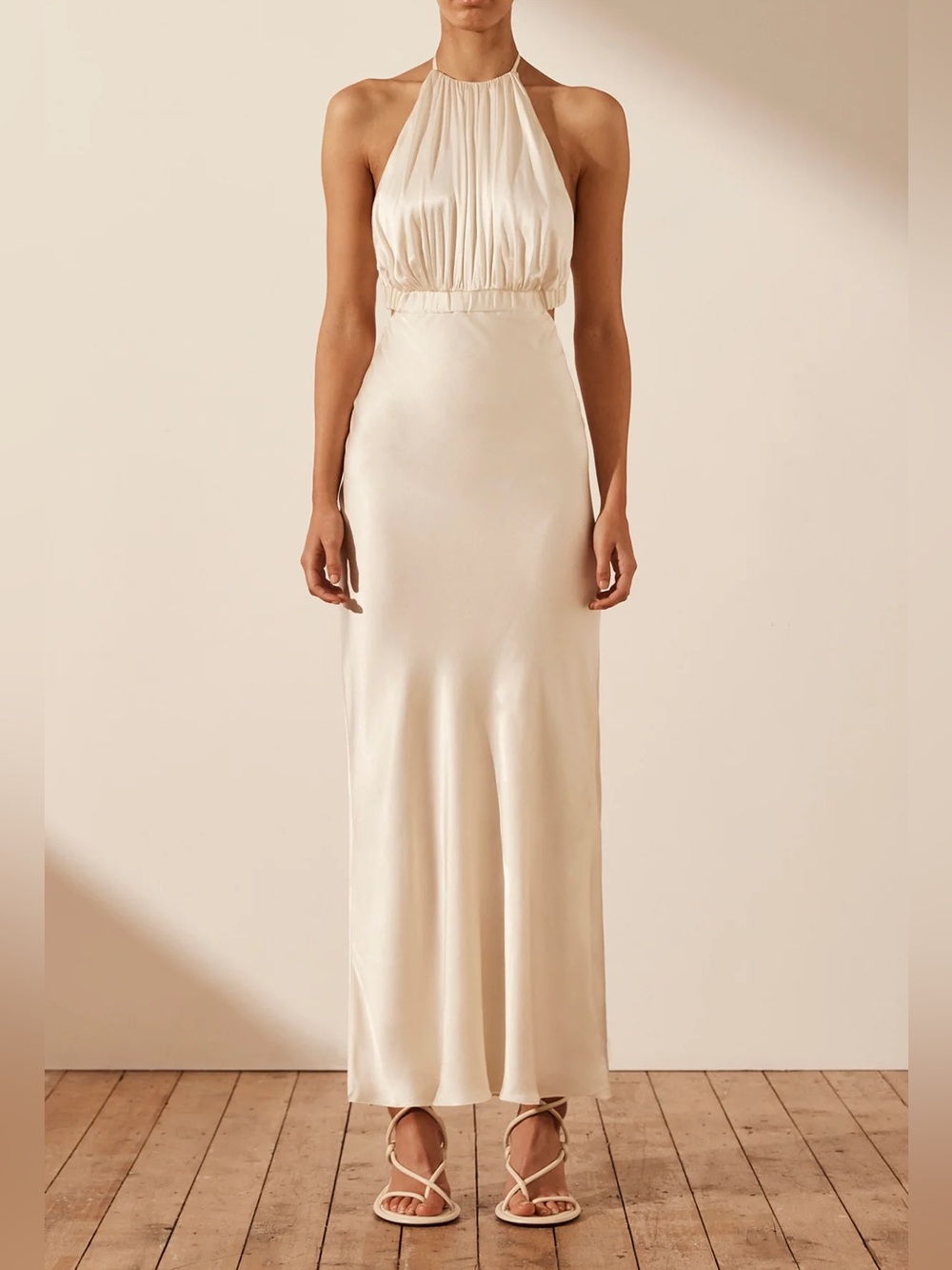 ShonaJoy MILO RUCHED OPEN BACK HALTER MIDI DRESS - COCONUT Sz 4